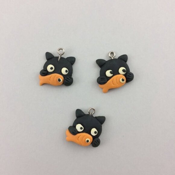 9 Black Kitty Cat Goldfish Polymer Clay Charms Pendants Handmade 3/4" - Picture 8 of 10